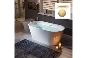 WOODBRIDGE 59" Freestanding White Acrylic Soaking Bathtub with Brushed Gold Drain and Overflow,BTA1514 -BG-Drain &O