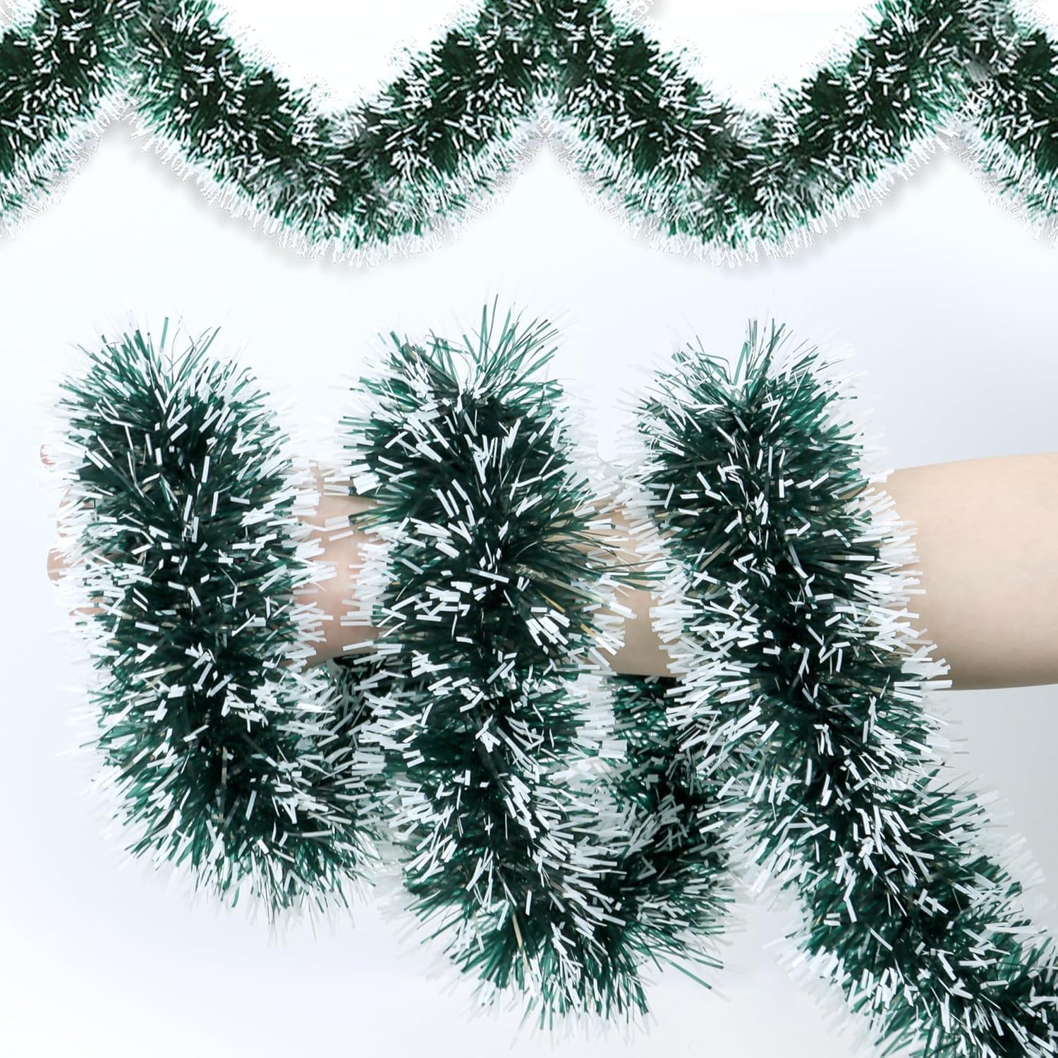 View 1 of 50 Feet Green Christmas Tinsel Garland for Christmas Tree Decorations, Xmas Metallic Twist Shiny Hanging Garland Decor for Mantle Stairs Fireplace Home Holiday Indoor Outdoor