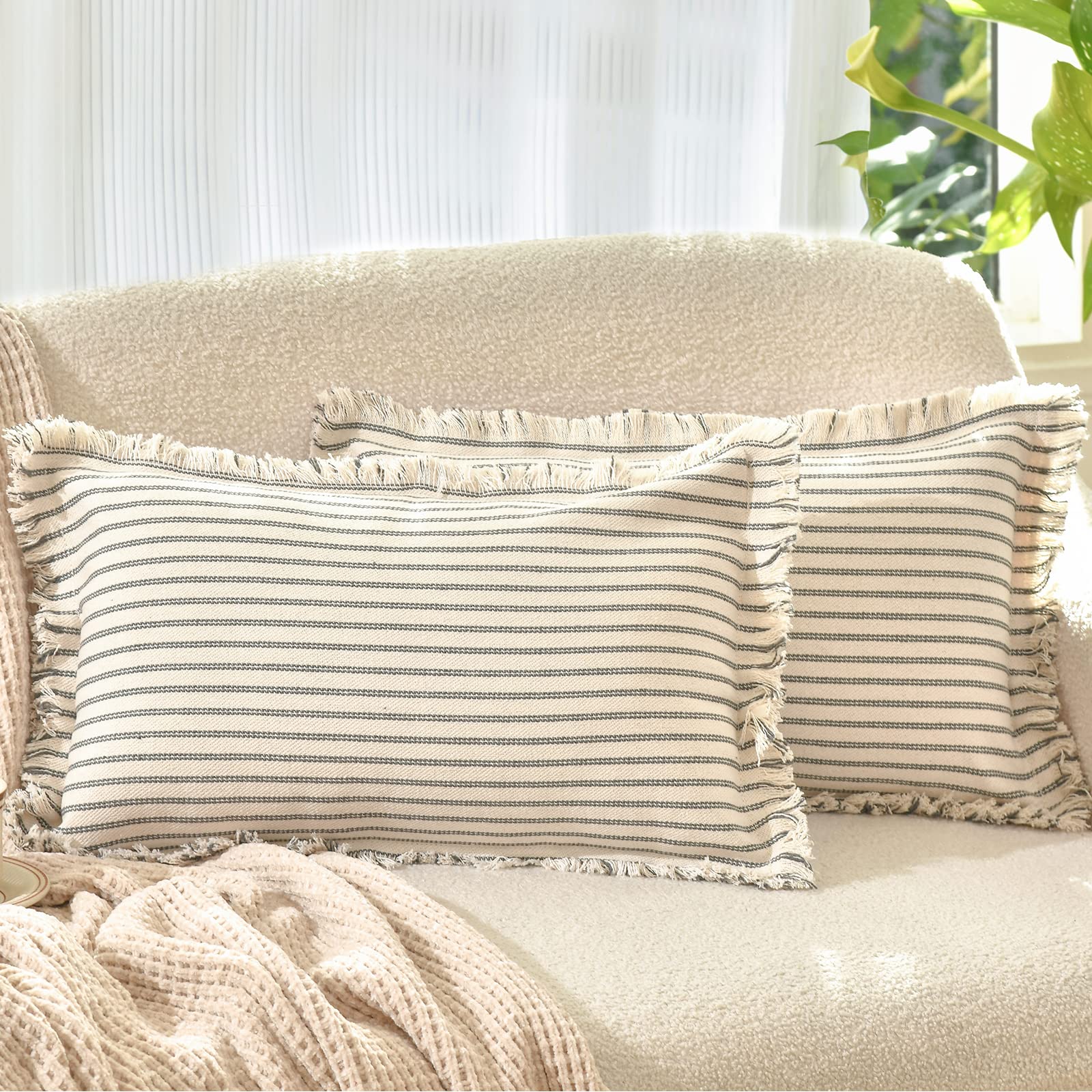 Photo 1 of ZWJD Throw Pillow Covers 12x20 Set of 2 Striped Pillow Covers with Fringe Chic Cotton Decorative Pillows Square Cushion Covers for Sofa Couch Bed Living Room Farmhouse Decor