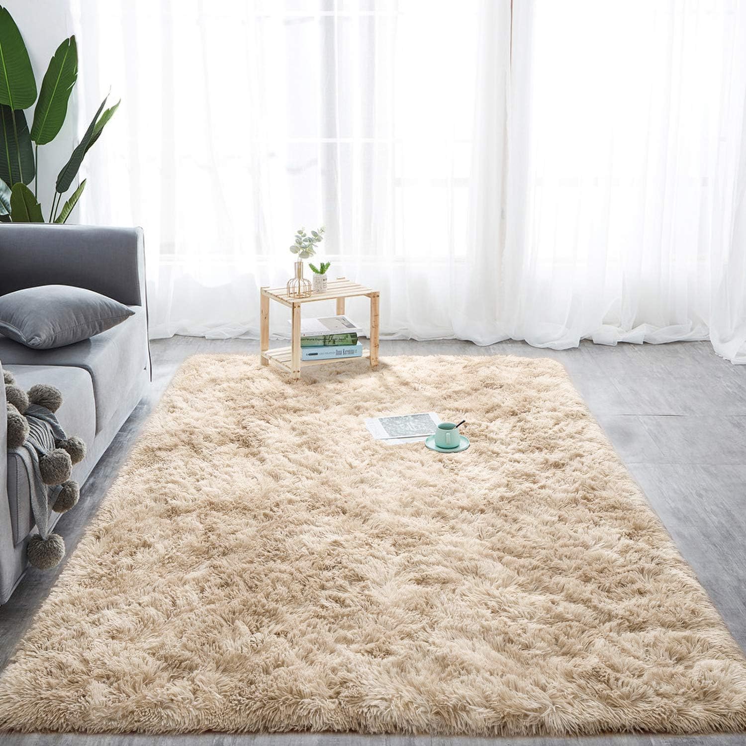 Softlife Fluffy Bedroom Area Rugs 5 x 8 Feet Mordern Collection Rug Indoor Shaggy Carpet for Girls Kids Room Living Room Dorm Nursery Home Holiday Decor, Ivory & Camel
