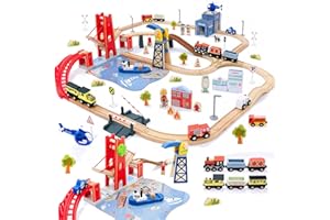 Giant bean 117 Pcs Busy Port City Train Set for Kids- Expandable & Changeable Wooden Train Track Set Toddler Toy, for Boys & 