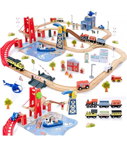 Lehoo Castle Ensemble de train en bois, ensemble de train à hamburger pour tout-petits de 2 à 4 ans, jouets alimentaires pour tout-petits, piste de train en bois, cadeaux pour filles de