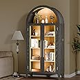 infurnic Arch Storage Cabinet with Tempered Glass Door, 71” Arched Display Floor Cabinet, 5 Tier Farmhouse Buffet with Storage for Dining Room, Living Room, Home Office or Kitchen(Black&Oak)