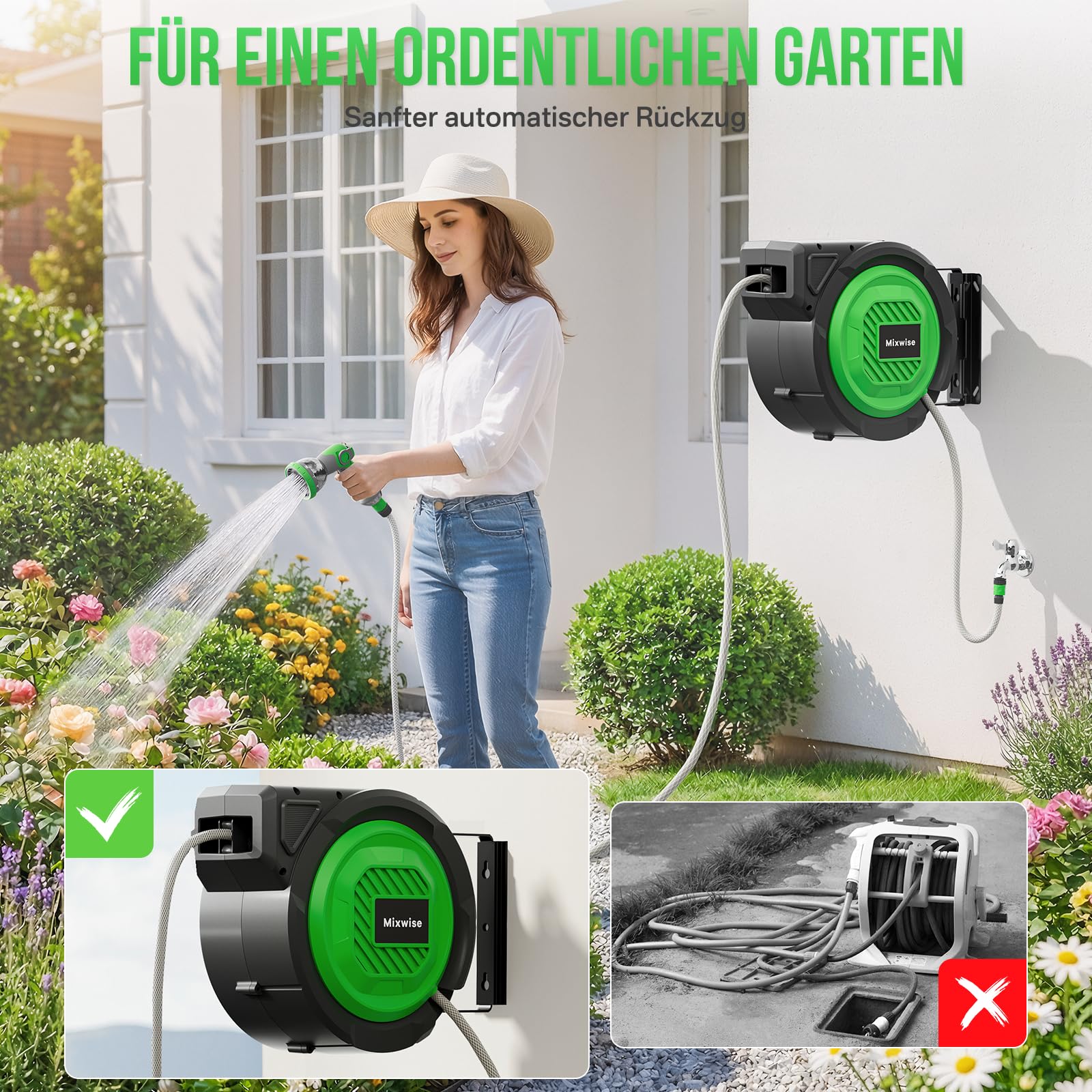 Schlauchtrommel Gartenschlauch Trommel mit 180° Schwenkbarer,Wand-Schlauchbox 10-fach Verstellbarer Düse, Automatischem Rückzugssystem und Arretierung in Jeder Länge für Garten 2