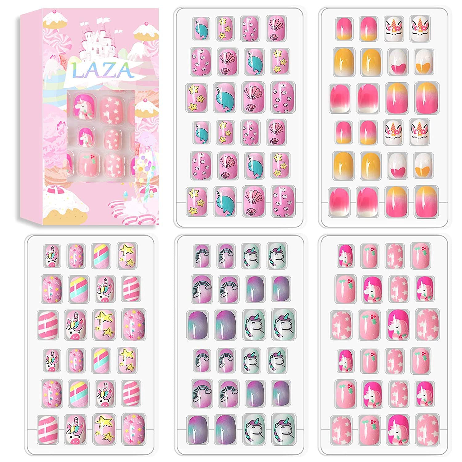 Laza 120 Pcs Children Nails Press On Kids False Nail Pre-glue Full Cover Colorful Rainbow Sparkle Star Unicorn Shell Short Acrylic Nail Tips DIY Gift for Little Girls Teenager - Legend of Unicorn