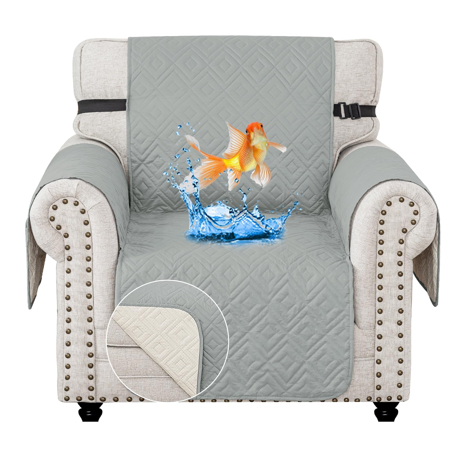 MAXIJIN Chair Covers Waterproof Sofa Slipcovers Non-Slip 1 Seater Sofa Protectors with Elastic Straps Reversible Universal Couch Covers for Dogs, Pets, kids (Light Grey, 1 Seater)