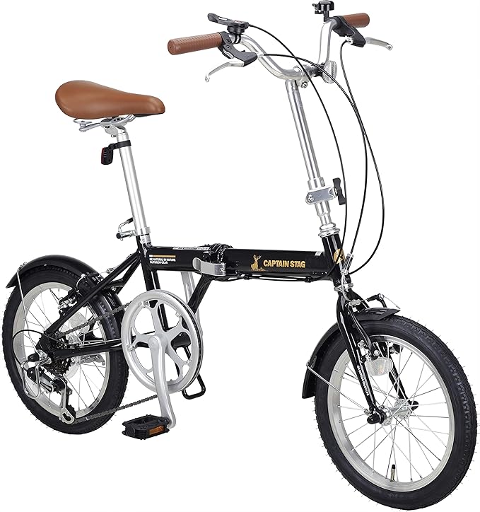Amazon キャプテンスタッグ Captain Stag Al 16インチ 折りたたみ自転車 アルミフレーム シマノ6段変速 重量約10 6kg 前後v型ブレーキ Shimanoパワーモジュレーター 高ギア比設定 前後泥よけ 標準装備 Al Fdb166 ブラック Yg 1228 キャプテンスタッグ