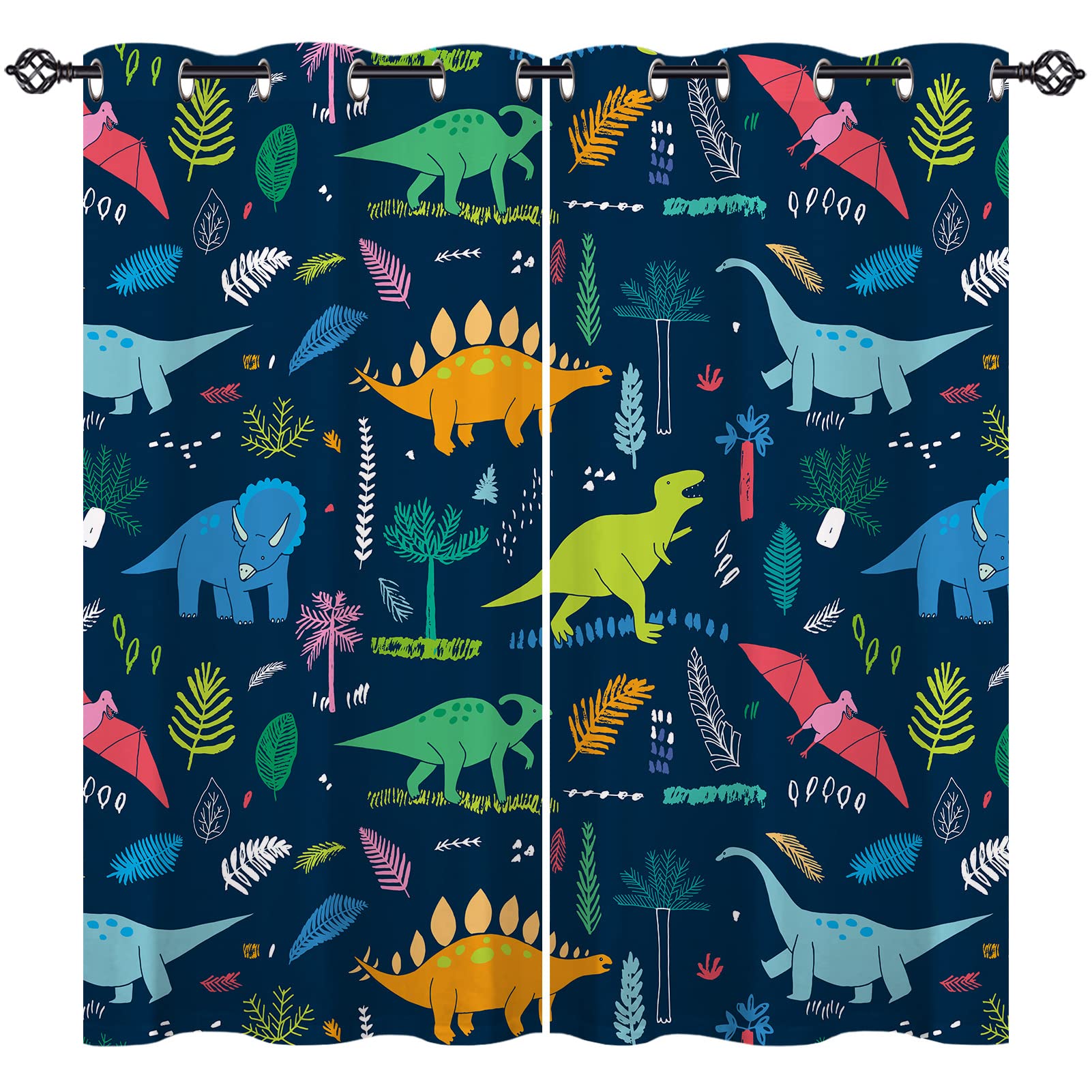 ANHOPE Dinosaur Curtains Eyelet 80% Blackout Room Darkening Curtains with Jungle Animal Dino Print Pattern Thermal Insulated Window Drapes for Kids Boys Bedroom Living Room 46 x 54 Inch Drop 2 Panels