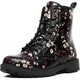 coolcustomize Retro Floral Combat Boots for Women, Comfortable Vintage Flower Print Lace-Up Ankle Boots Platform Booties