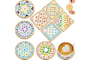 8 Sets DIY Glass Mosaic Tiles for Crafts, Mixed Color Mosaic Kits with Wooden Coaster Adults DIY Kit for Coaster Handmade Hom