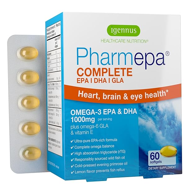 IGENNUS PHARMEPA COMPLETE EPA DHA RTG OMEGA 3 FATTY ACIDS 1000MG, HIGH POTENCY FISH OIL PLUS OMEGA 6 GLA EVENING PRIMROSE OIL, IFOS CERTIFIED, LEMON FLAVOR, 60 SOFTGELS