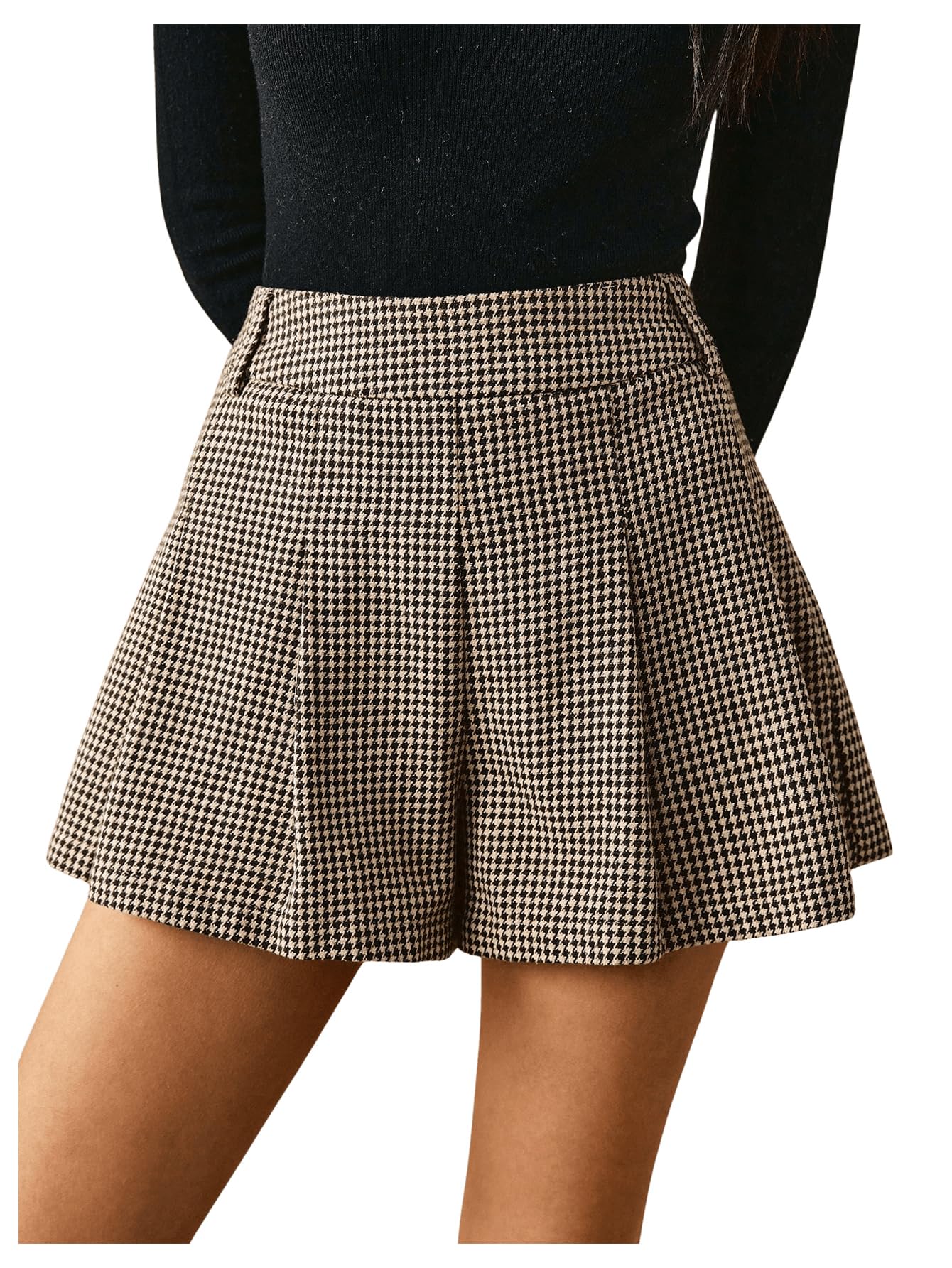 Photo 1 of MakeMeChic Women's Houndstooth Print Shorts Pleated Elastic Waist Casual Business Skorts Khaki Small