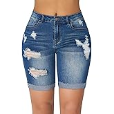 roswear Women's High Waisted Stretchy Ripped Cuffed Bermuda Denim Jean Shorts