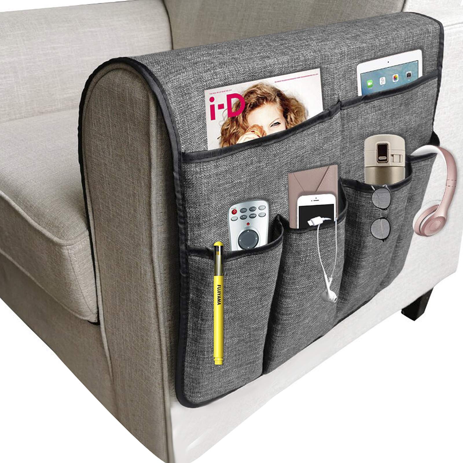 IPENNY Anti-Slip Couch Sofa Armrest Organiser Chair Bedside Storage Pocket TV Remote Holder Bed Storage Pocket Bag for Cellphone Notepad Book Magazines Holder Pouch (#B1-Gray (cotton + linen fabric))