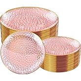 Rubtlamp 100Pcs Clear Pink Gold Plastic Plates, Pink Disposable Plates With Gold Rim, Hammered Plastic Plates Include 50 Clear Dessert Platos, 50 Dinner Platos for Party
