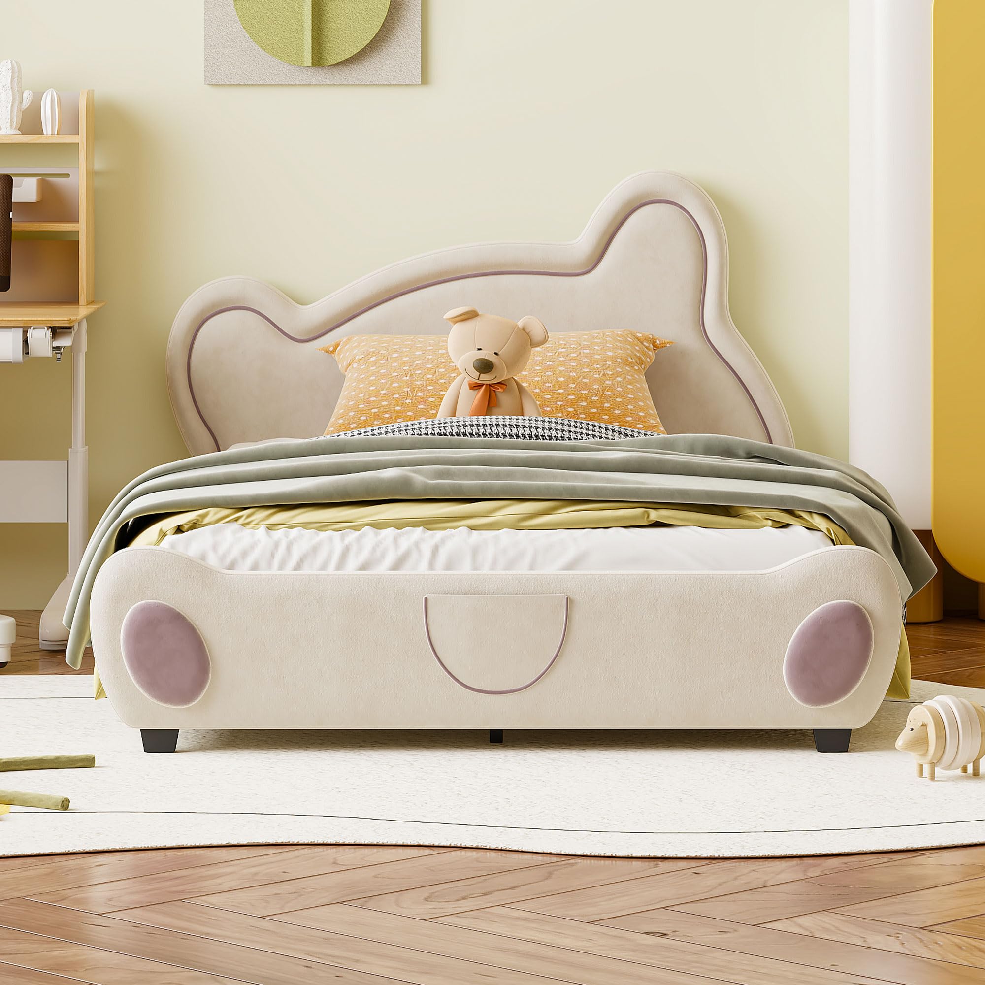 Photo 1 of ***BOX 2 OF 2 ONLY/INCOMPLETE SET**Merax Upholstered Bed Frame Full Size for Kids, Velvet Platform Bed with Bear Shaped Headboard & Bed-End Pocket, Beige