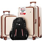 SWISS&CO 3-Piece Premium Luggage Set – Hardshell Spinner Suitcases with TSA Lock, Front-Open Design, Durable Travel Backpack–Spacious, Multi-Compartment Design–28" Checked, 20" Carry-On– Elegant Beige