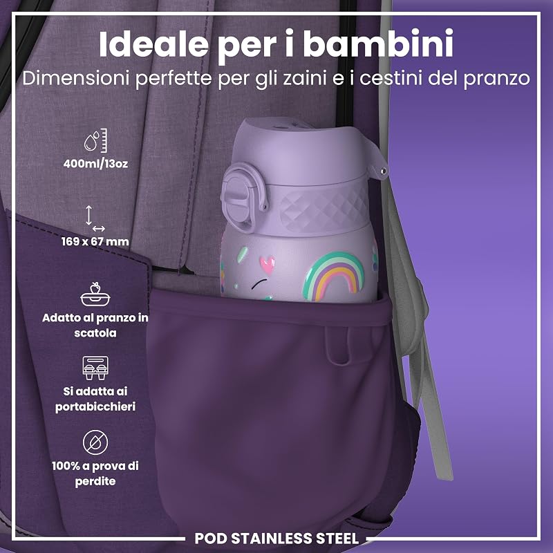 Borraccia Inox Leggero per Bambini, 400ml, Non Isolato, a Prova di Perdite, Facile da Aprire, Serratura Sicura, Lavabile in Lavastoviglie, Facile Pulizia, Durevole e Antigraffio, Unicorni Viola
