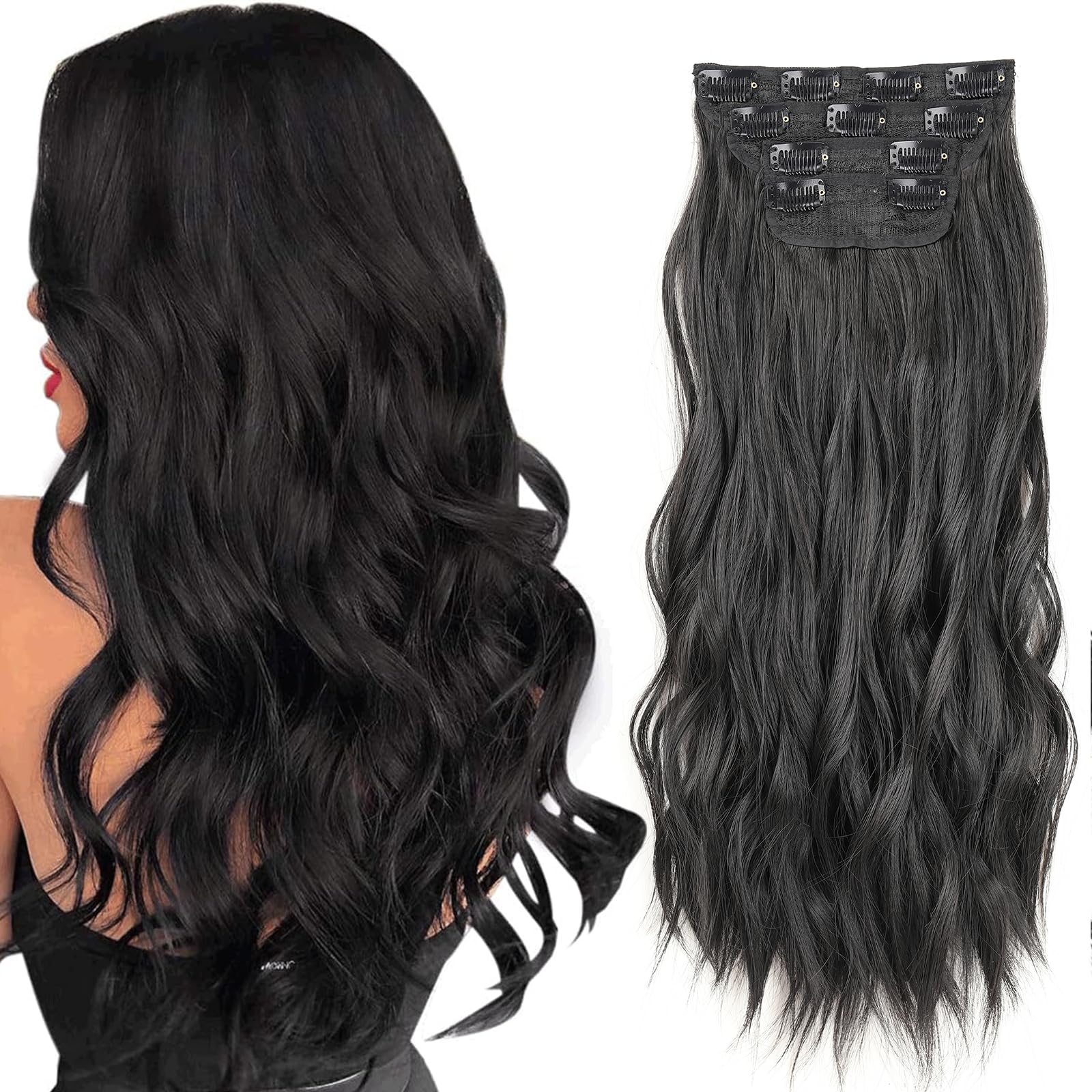 Xtrend 16 Inch Wavy Black Hair Extensions - Clip in Synthetic Hair Pieces for Women Girls - 4PCS Full Head Set Thick Curly Wavy — image 1
