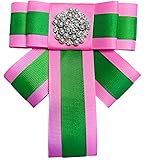 Ribbon Bow Tie Pearl Brooch Bow Pin, Pink and Green Grosgrain Ribbon with Crystal Accent, Decorative Fashion Accessory, Sorority Paraphernalia Flower Brooch Pin for Women Greek, AKA Sorority Inspired for D9 Events, Conferences, Luncheons, J15