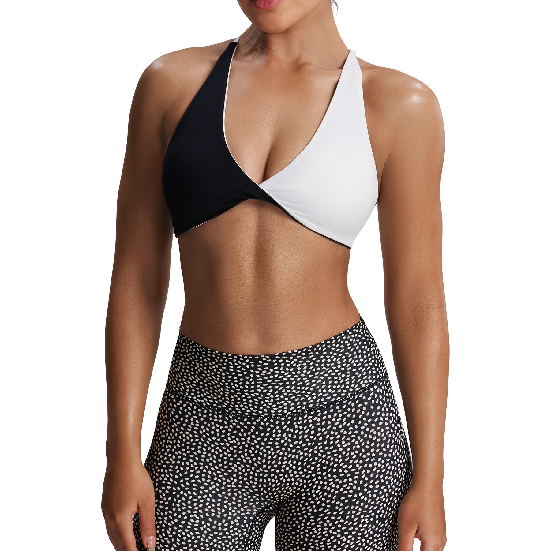 Aoxjox Women's Workout Sports Bras Fitness Metamorph Sienna Twist Bra Yoga Crop Tank (Blackness and White, Large) Image