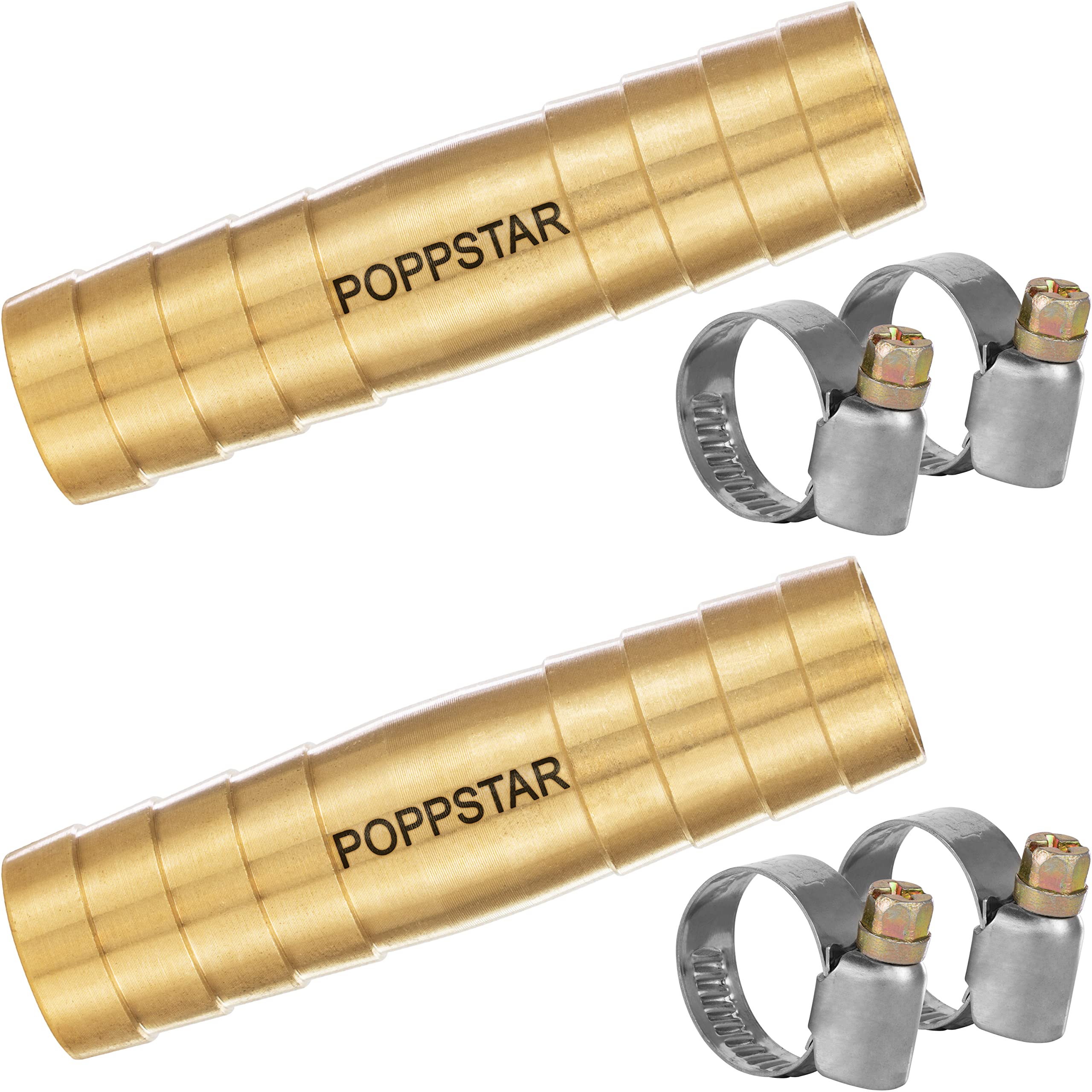 Poppstar 2X Brass Hose Connector 1/2 inch Set with 4X Stainless Steel Hose Clamps for 1/2" (12.7 mm) Garden Hose