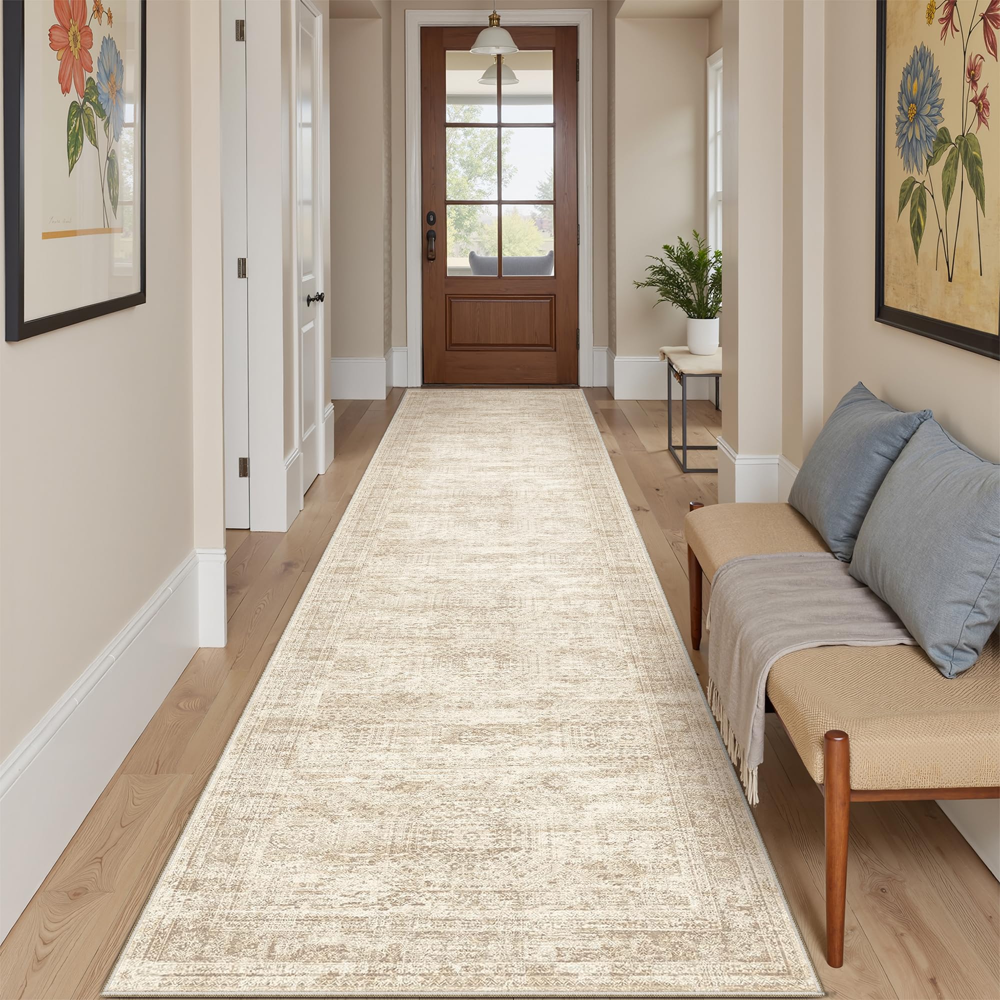 Photo 1 of Soalmost Runner Rug 2'x10' Washable Non-Slip Runner Rugs for Kitchen Bathroom Laundry Room Beige Vintage Floor Carpet Runners for Hallway Entryway