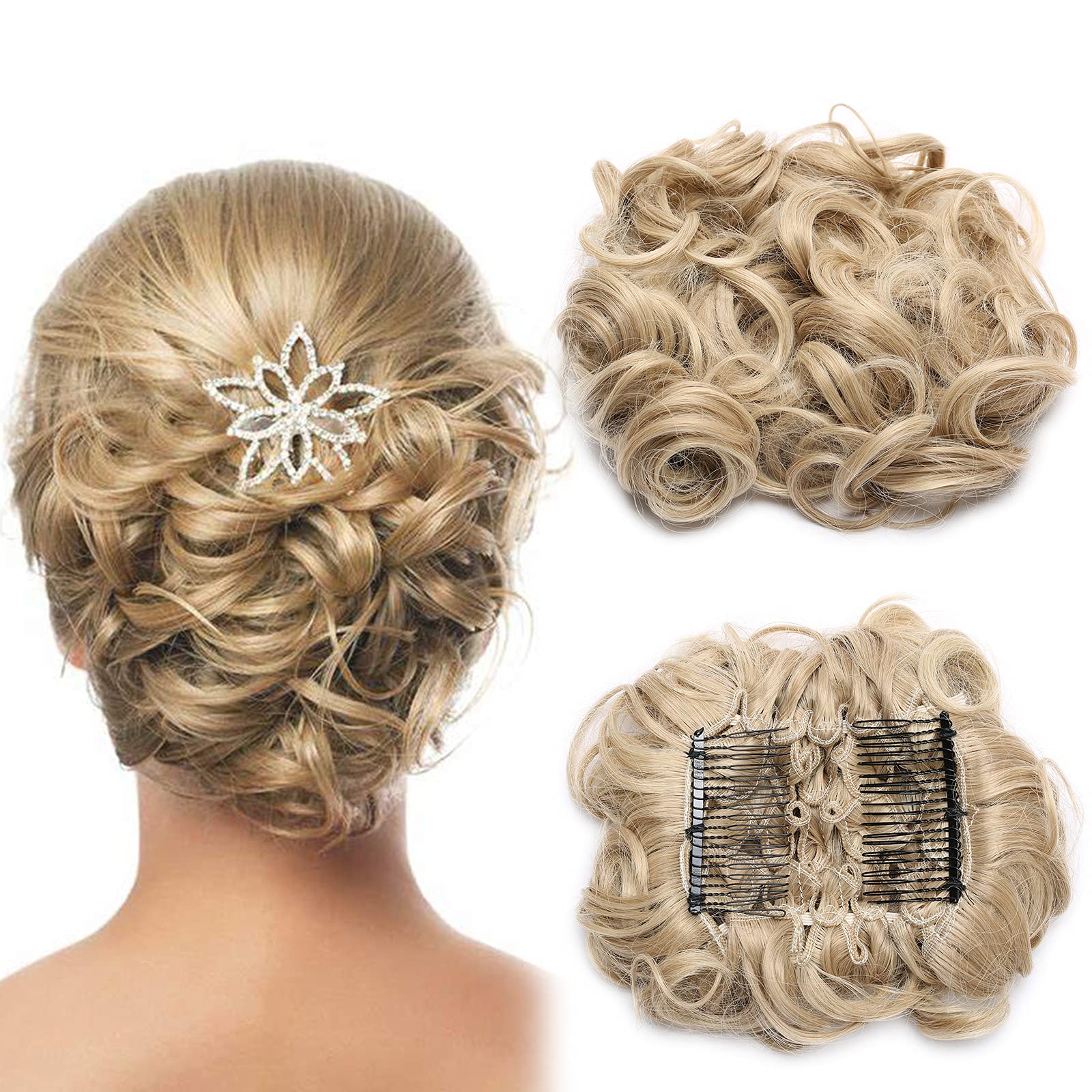 Messy Curly Hair Bun Scrunchie Hair Extension Stretch Combs with Clip in Ponytail Chignon Hairpiece -Sandy & Bleach Blond โ image 1