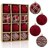 Tifeson 12pcs Velvet Christmas Balls Burgundy 3.15inch Flocked Shatterproof Hanging Ball Ornaments Christmas Tree Decorative Ornaments for Xmas Holiday Festival Party Decor