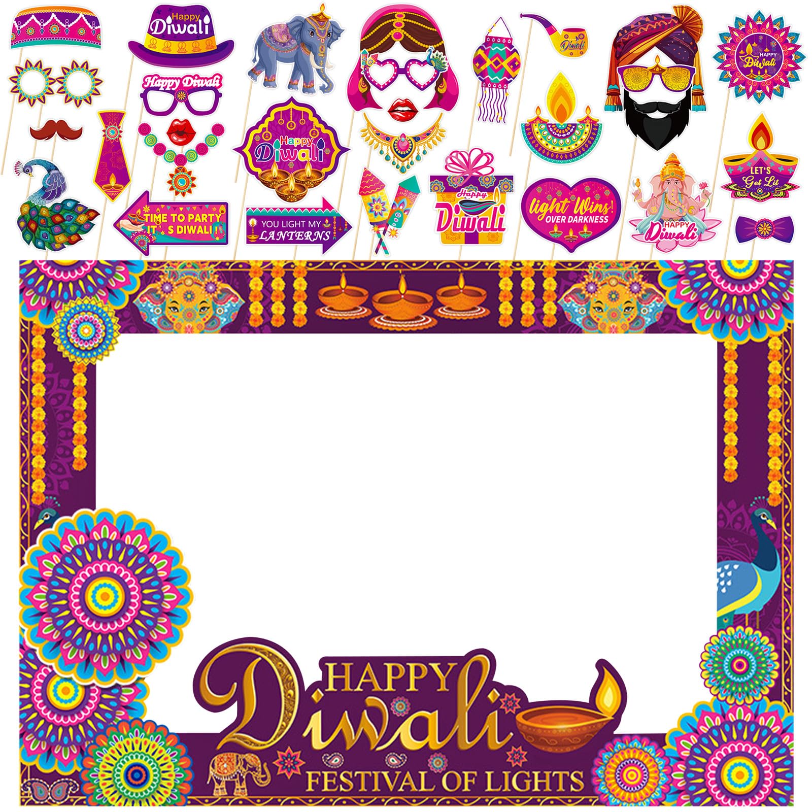 Photo 1 of 31Pcs Diwali Photo Booth Props, India Festival of Lights Photo Booth Frame Diwali Photo Booth Props for Deepavali Festival of Lights Party Decorations Supplies
