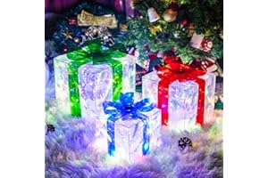 Set of 3 Christmas Lighted Gift Boxes - 65 LED Pre-Lit, Plug-in Light Up Presents Box - Decor for Christmas Tree, Indoor Outd