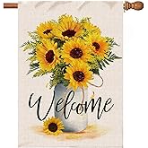 Hexagram Spring House Flag Outside, Sunflower Welcome Garden Flag 28x40 Inch, Seasonal Outdoor Linen Sunflower Double Sided Spring Summer Flags for Yard Outside Holiday Farmhouse Decorations
