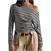 MakeMeChic Women's Striped Off The Shoulder Long Sleeve Tee Shirt Asymmetrical Neck Fall Y2K Crop Tops