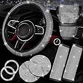 NBTEPEM 8 pcs Bling Car Accessories Set for Women, Steering Wheel Cover, Sparkly Seat Belt Covers, Bling Gear Shift Cover, Universal Fit Most Cars (Silver Diamond)