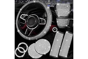 NBTEPEM 8 pcs Bling Car Accessories Set for Women, Steering Wheel Cover, Sparkly Seat Belt Covers, Bling Gear Shift Cover, Universal Fit Most Cars (Silver Diamond)