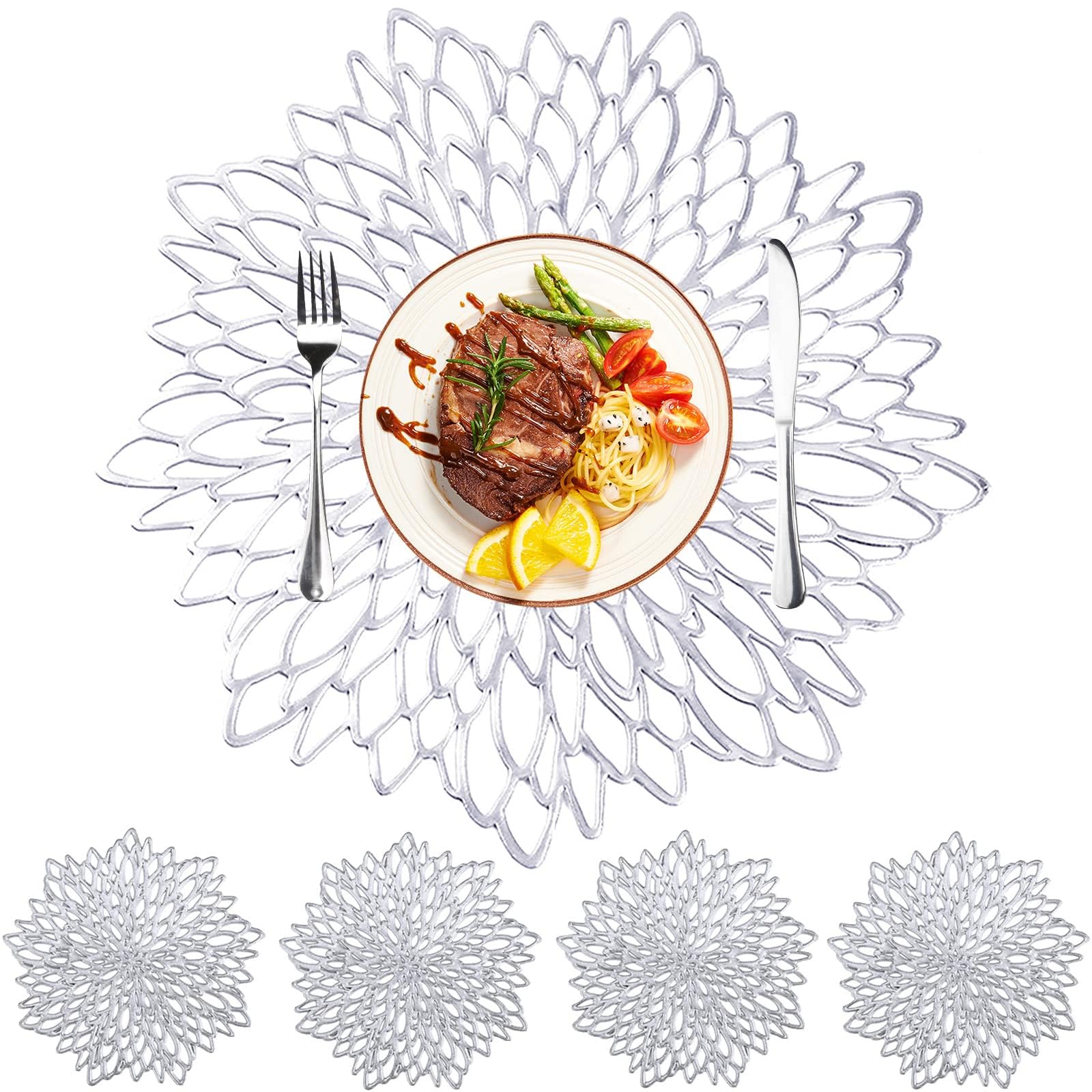 MI CASA Placemats and Coaster Set of 6, Silver Round Table Placemats Dining Table Mats Heat Resistant Anti-slip and Washable Place Mats for Christmas, Wedding, Dinner Parties, Restaurant, Hotel