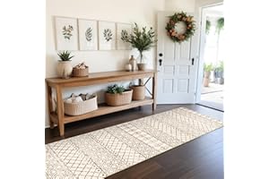 BYYVOO 2'6"x8' Washable Hallway Runner Rug - Moroccan Kitchen Non Slip Rug Low Pile Floor Carpet with Rubber Backing Vintage Indoor Mats for Living Room Bedroom Laundry 2'6"x8' Geo Beige