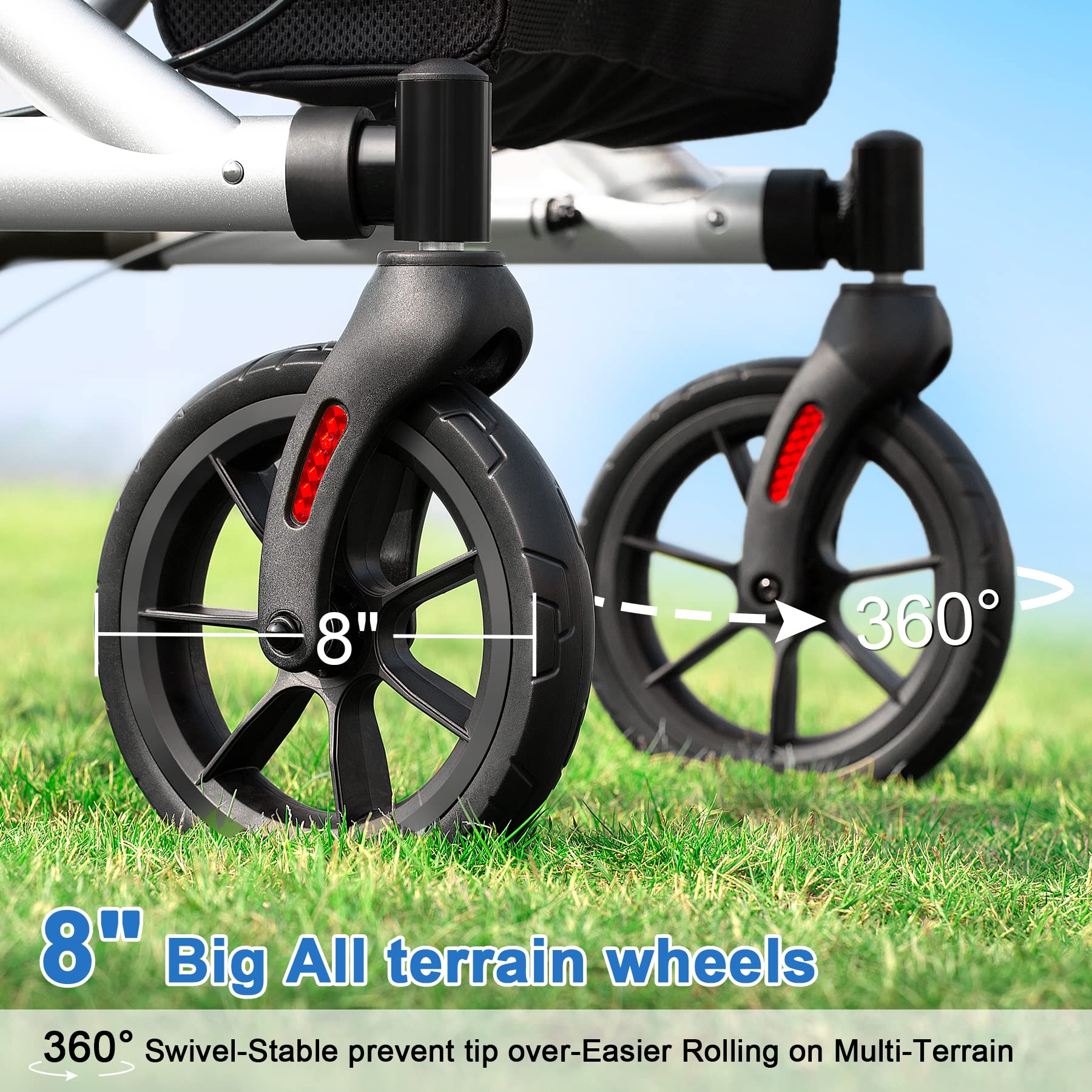 Rollator Walker for Seniors with Cup Holder, Upgraded Thumb Press Button for Height Adjustment, 4 x 8 Wheels Walker with Seat Padded Backrest Folding Lightweight Walking Aid, Silver