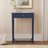East at Main Lenora Navy Narrow Console Table for Entryway with Drawer | 23.75-inch slim hallway table with cane shelf, solid wood frame, navy finish, traditional furniture for small spaces