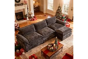 Karl home Sectional Sofa Modular Deep Seat Sofa Couch with Ottoman, Chenille Sofa Sleeper Comfy Upholstered Furniture for Living Room, Apartment, Studio, Office, (3-Seat & 1-Ottoman, Black)