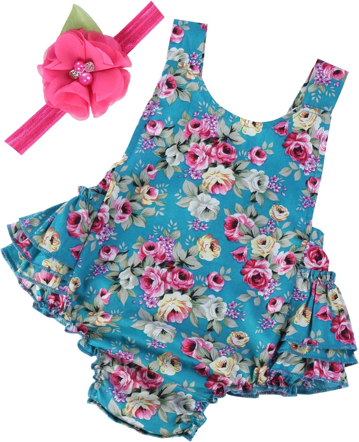 Baby Girl's Floral Print Ruffles Romper Summer Clothes with Headband