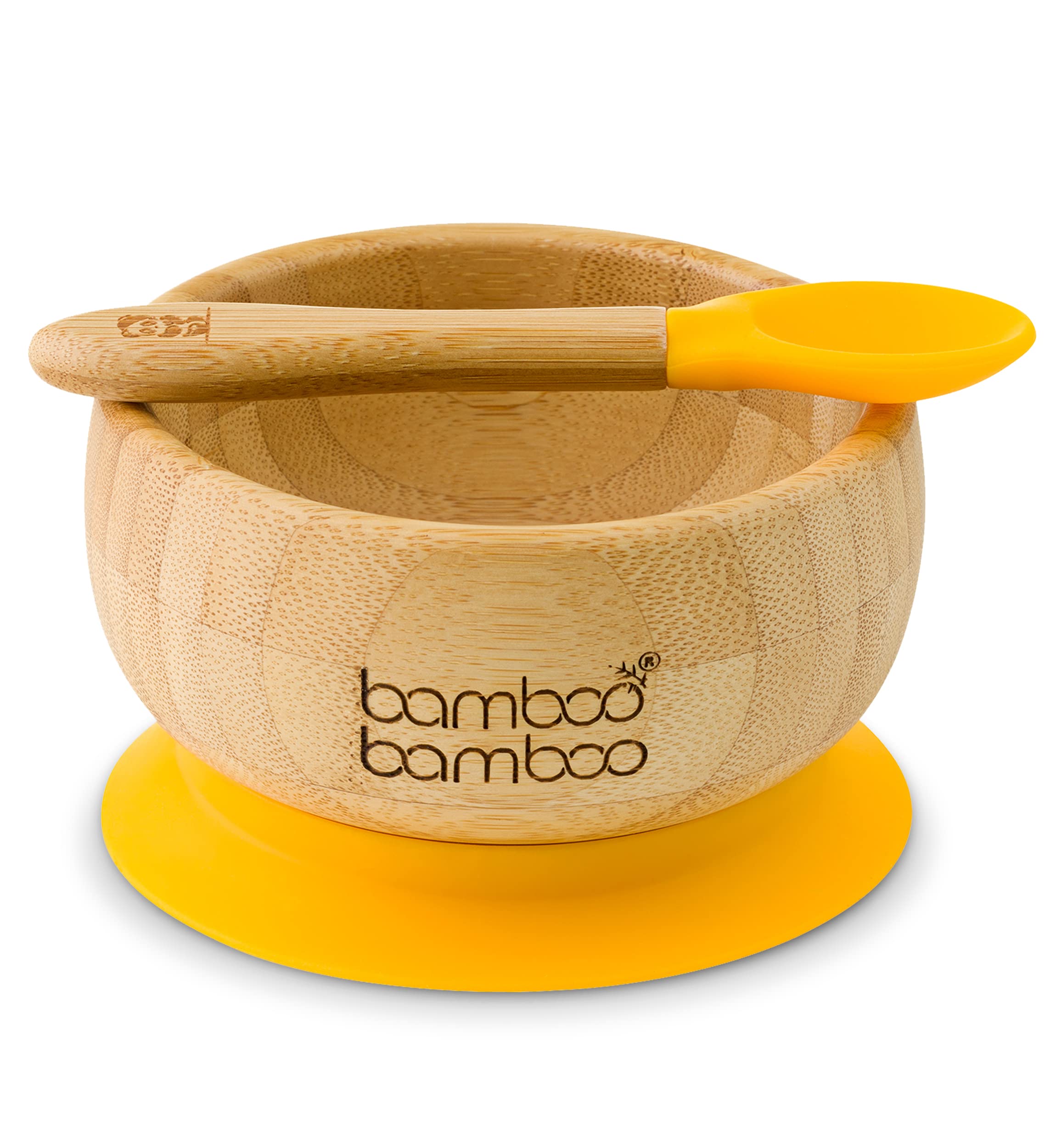 Bamboo Baby Bowl and Spoon Set for Weaning, Suction Bowl With Silicone Ring, Toddler Bowls With Spoon From 6 Months (Yellow)