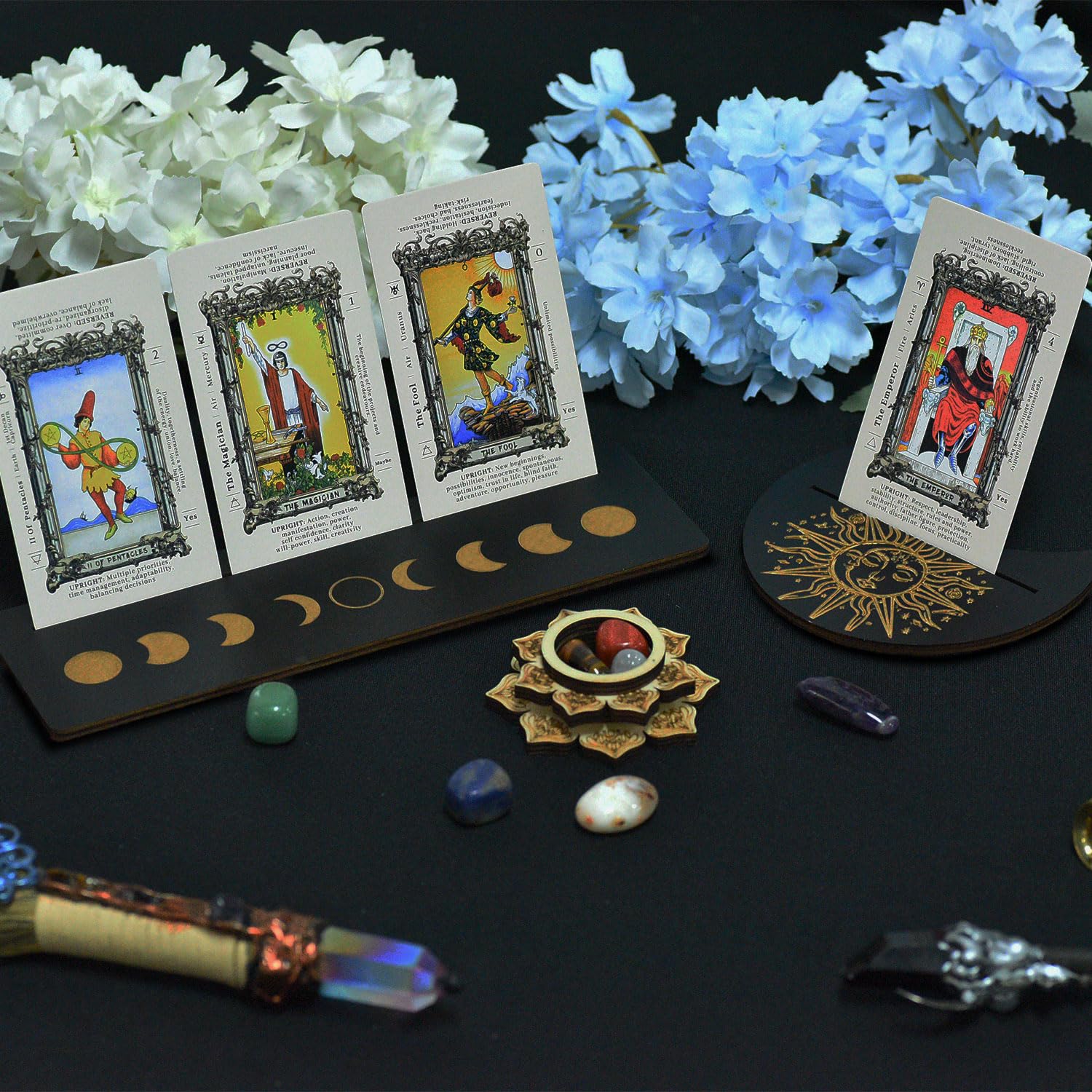 Knana 10Pcs Tarot Card Holder Wooden Tarot Card Holder Stand Tarot Card Display Tarot Accessories with Tarot Crystal Stone for Witch Divination Tools