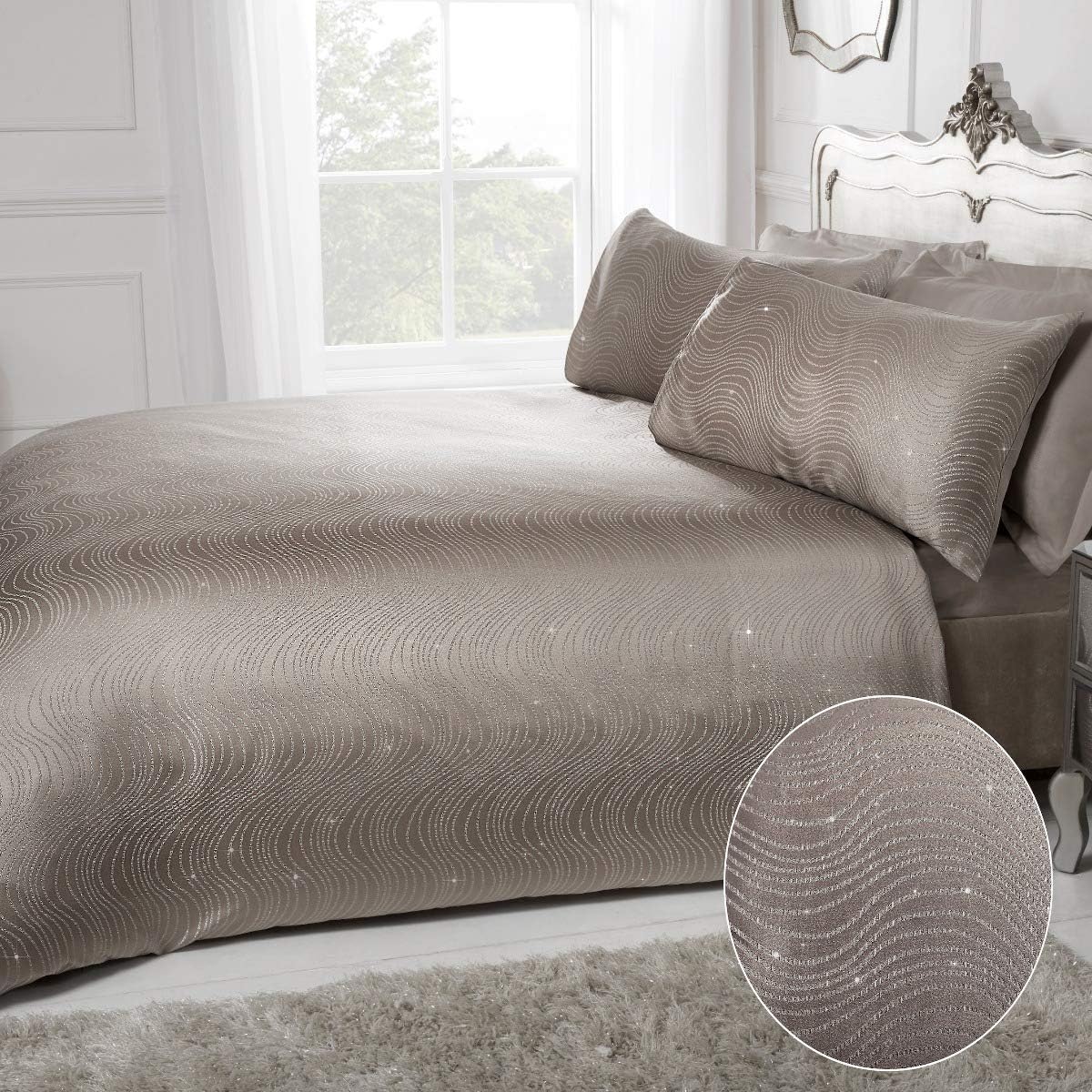 Sleepdown Swirl Striped Glitter Taupe Jacquard Easy Care Duvet Cover