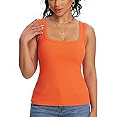 ASAIR Ribbed Tank Top Women Racer Back Square Neck Going Out Slim-Fit Basic Sleeveless Top