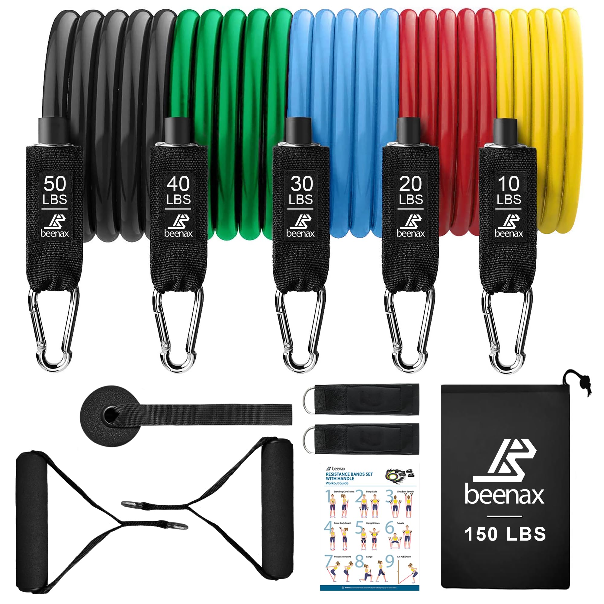 Beenax Resistance Bands Set with Handles - Heavy Duty 12pcs Exercise Bands, Up to 100/150/200/250 LBS - Fitness Training Tubes for Home, Gym, Physio - Handles, Ankle Straps, Door Anchor, Carry Bag