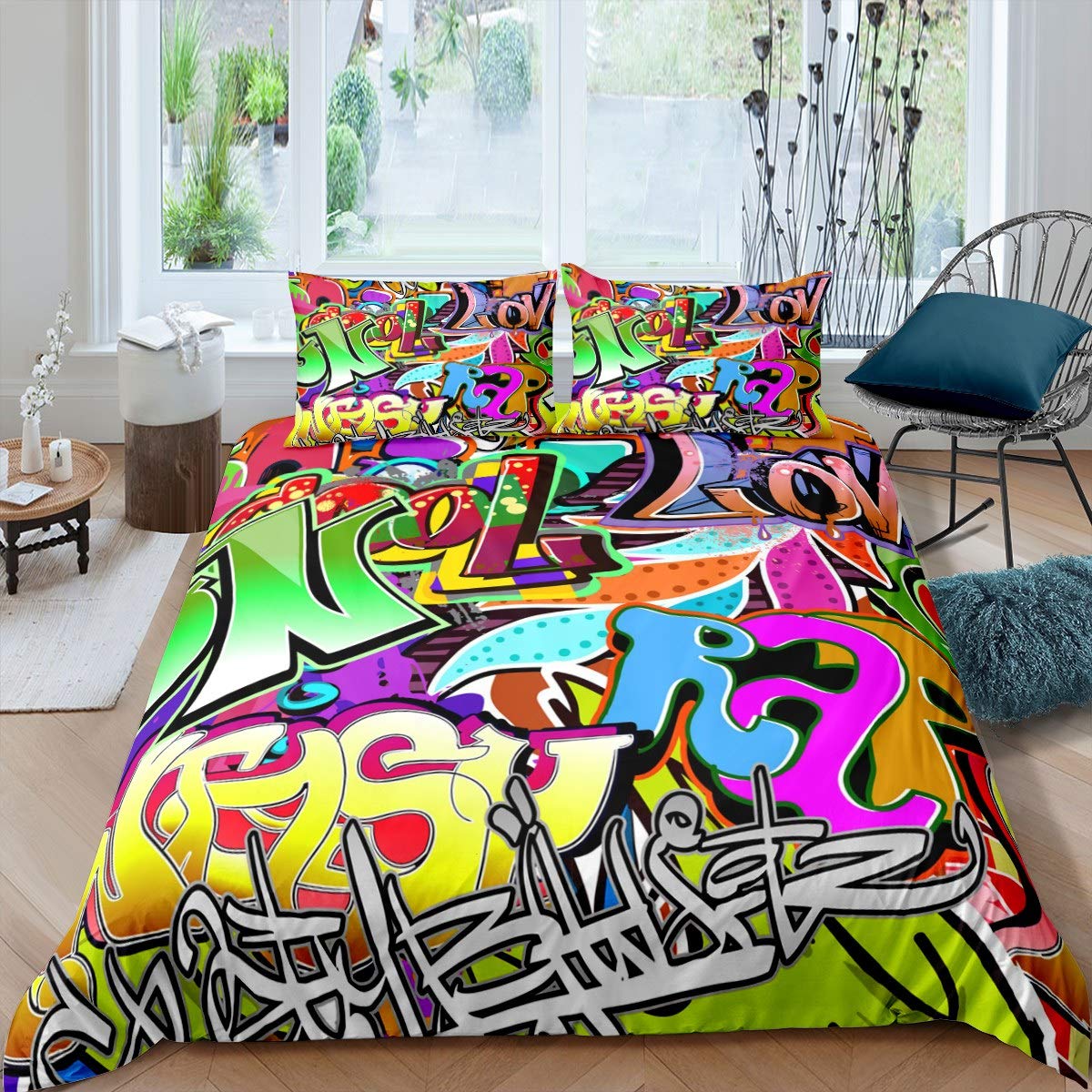Hip Hop Duvet Cover Colorful Graffiti Bedding Set for Kids Boys Teens Street Culture Comforter Cover Wall Graffiti Art Bedspread Cover Decor Bedroom Collection 3Pcs Double Size