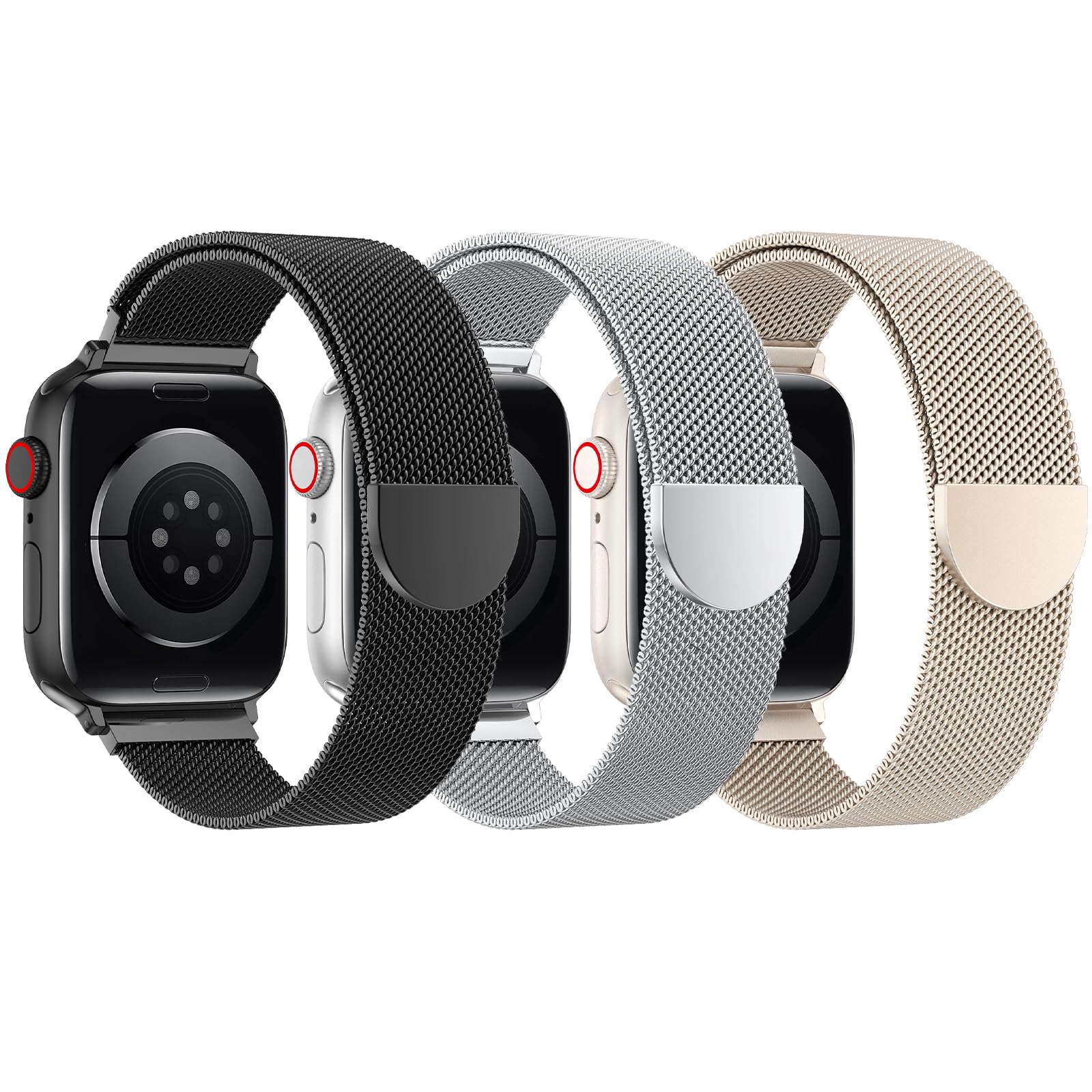 Photo 1 of BELONGME 3 Pack Mesh Loop Compatible with Apple Watch Bands for Women Men 40mm 41mm 38mm 42mm 44mm 45mm 49mm 46mm Series 11 10 9 8 7 6 5 4 Ultra3 SE3 2, Stainless Steel Metal Magnetic Strap for iWatch