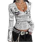 WDIRARA Women's Newspaper Print Long Sleeve T Shirts Deep V Neck Fitted Tee Tops