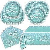 Teal and Silver Tableware set, Blue Happy Birthday Theme 20 Plates and 20 Napkins and Tablecloths 71 '' x 42 '' for Girls Women Silver Glitter Birthday Party Supplies